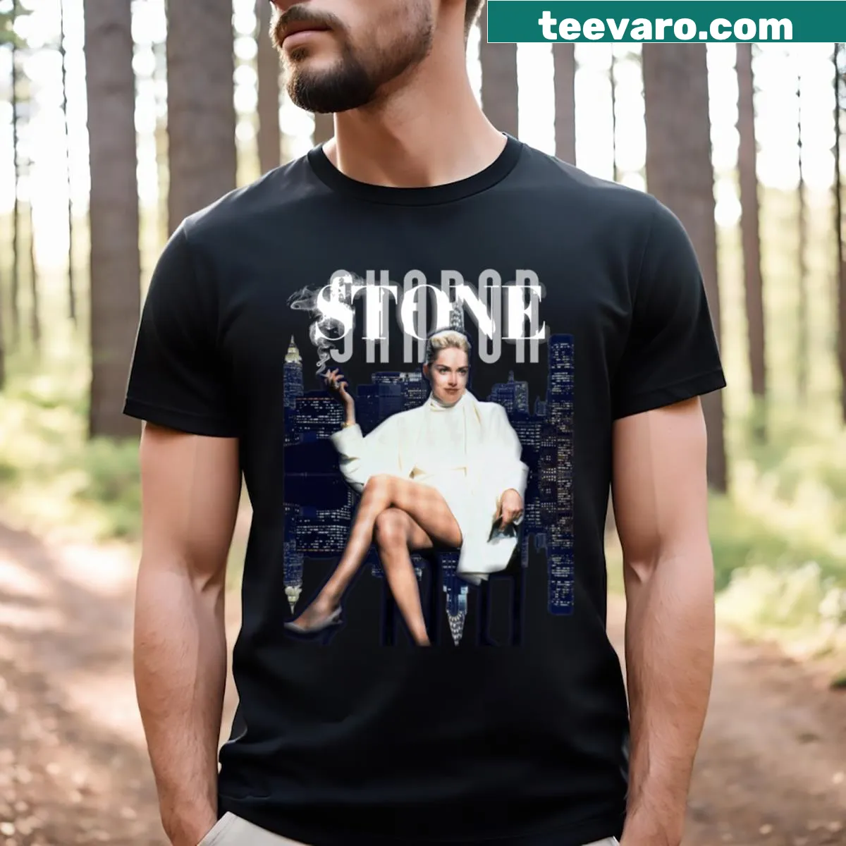 Retro T-shirt celebrating Sharon Stone with vintage design — on a men's t-shirt