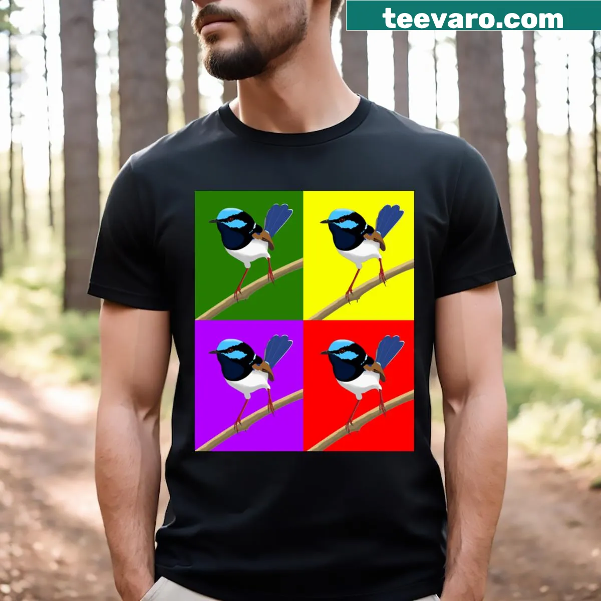 Pop art style T-shirt featuring a superb fairywren — on a men's t-shirt