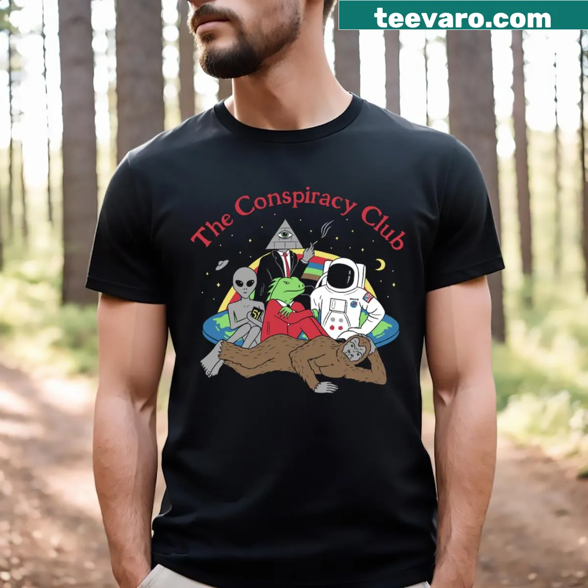 T-shirt with text: The Conspiracy Club — on a men's t-shirt