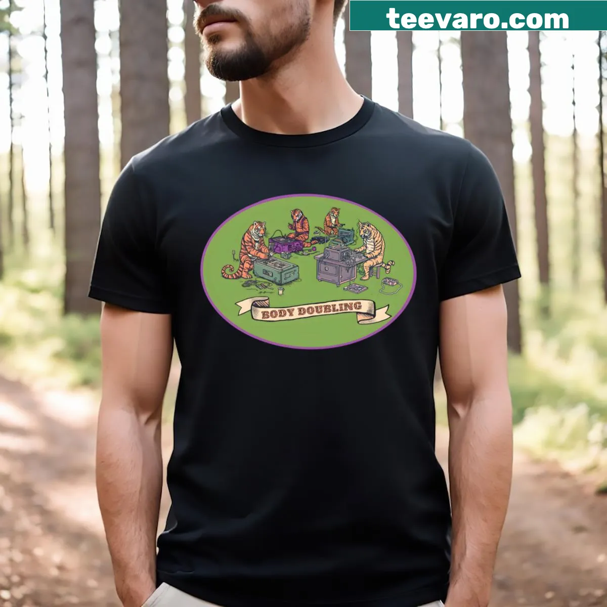 Funny tiger body doubling cartoon graphic T-shirt — on a men's t-shirt