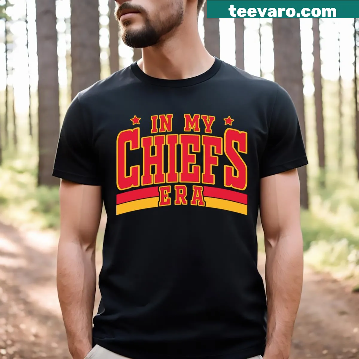 Illustrative T-shirt celebrating Travis Kelce's musical eras — on a men's t-shirt