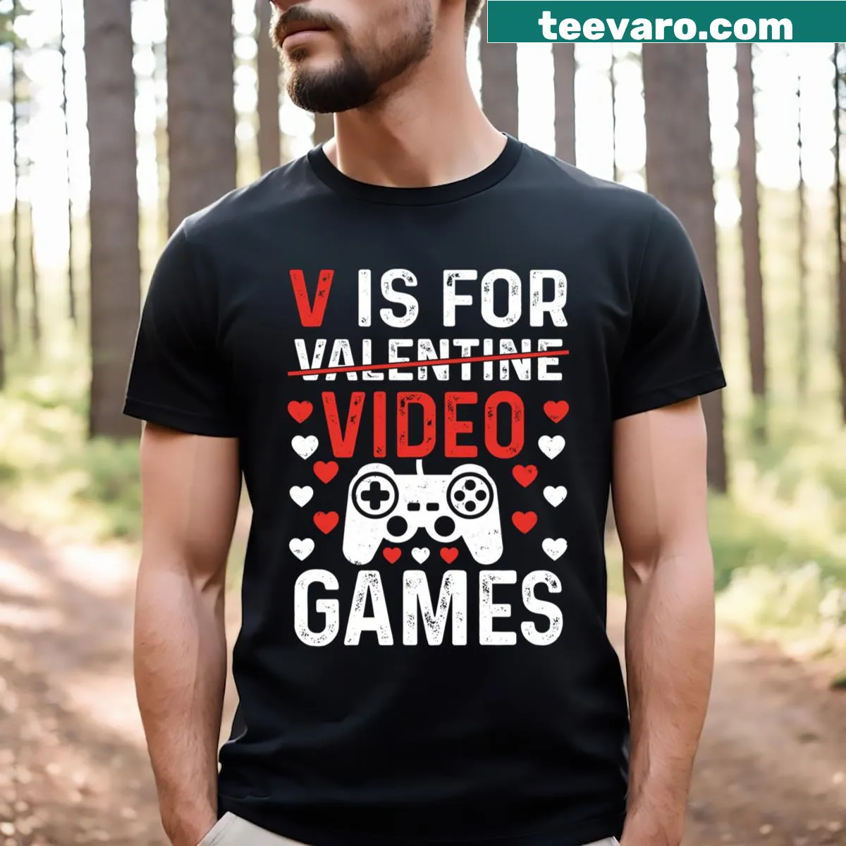 Cartoon-style 'V Is For Video Games' graphic on T-shirt — on a men's t-shirt