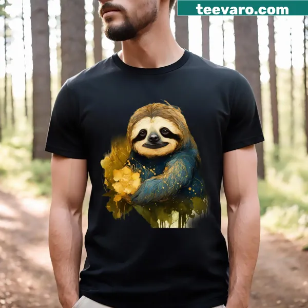 Cute sloth illustration in a forest on a T-shirt.