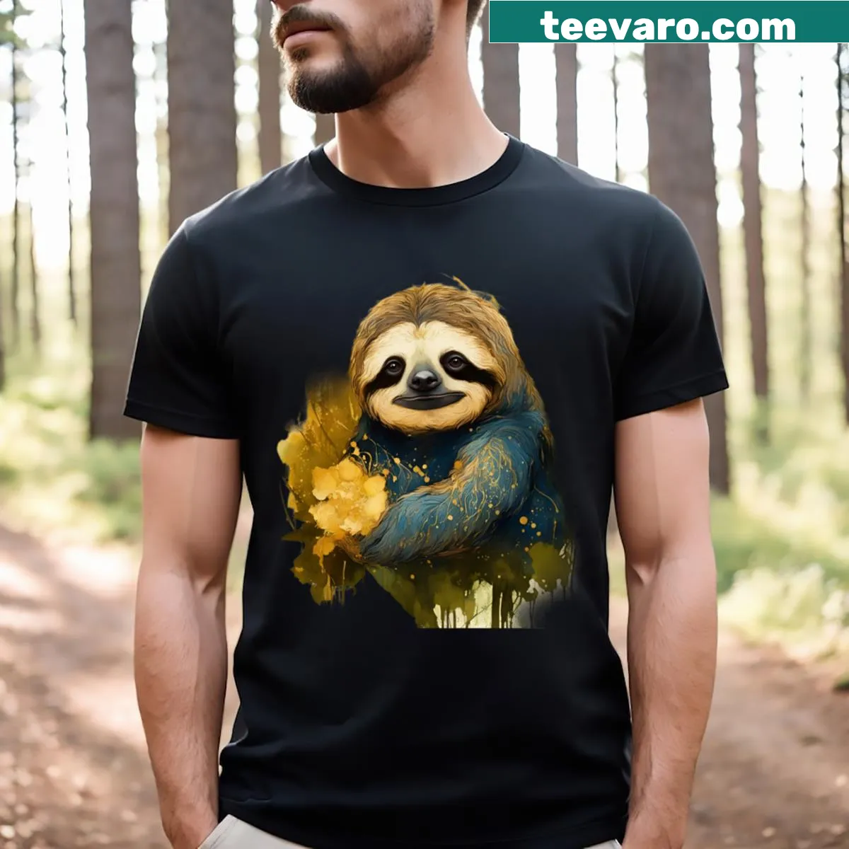 Cute sloth illustration in a forest on a T-shirt. — on a men's t-shirt