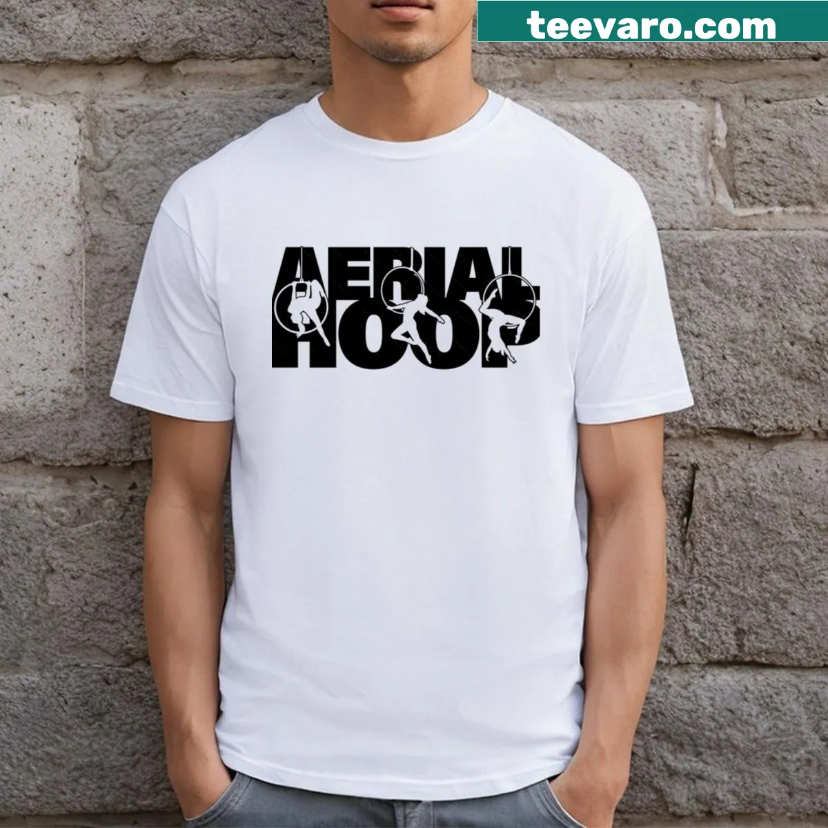 Aerialist silhouette design on a T-shirt, showcasing aerial hoop artistry — on a men's t-shirt