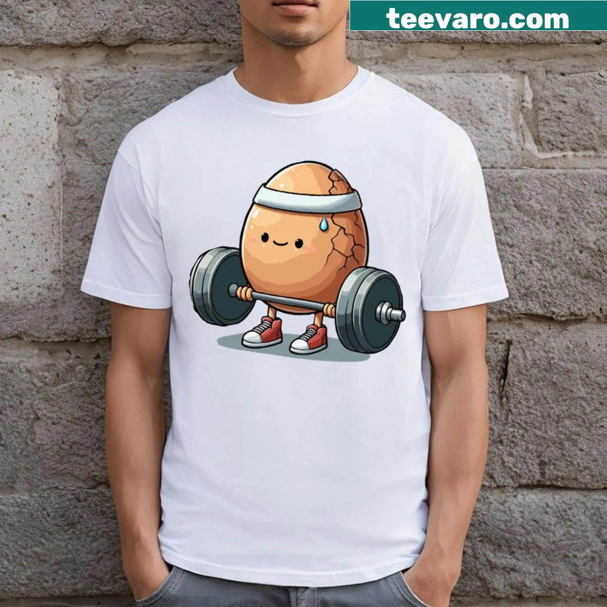 Illustrated egg carrying a weight on a T-shirt — on a men's t-shirt