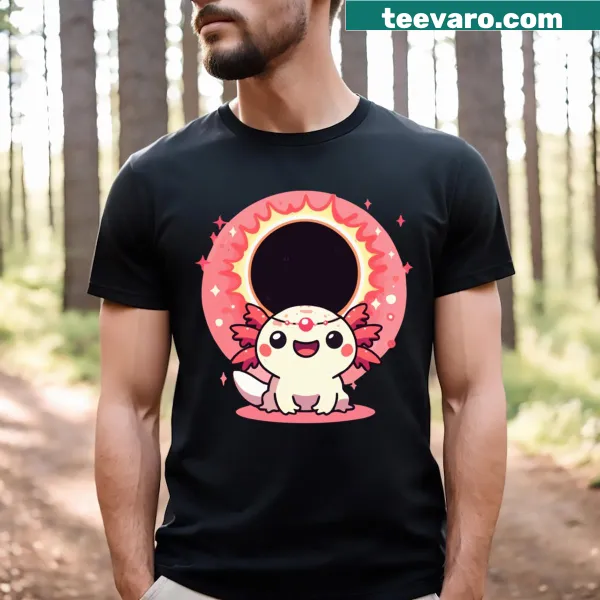 T-shirt with cartoon axolotl and solar eclipse design for kids
