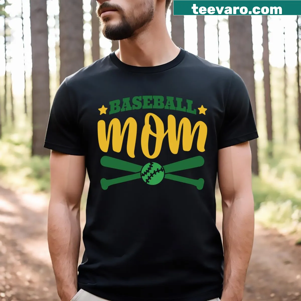 Typographic Baseball Mom T-shirt celebrating mothers of baseball players — on a men's t-shirt
