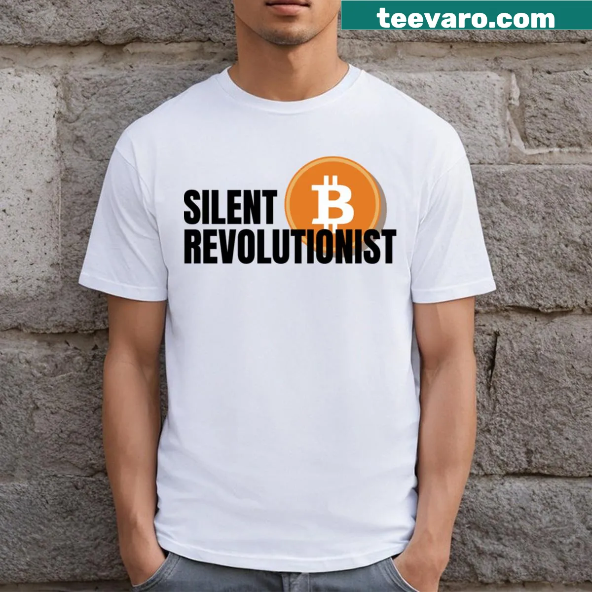 Bold typography Bitcoin Silent Revolutionist t-shirt — on a men's t-shirt
