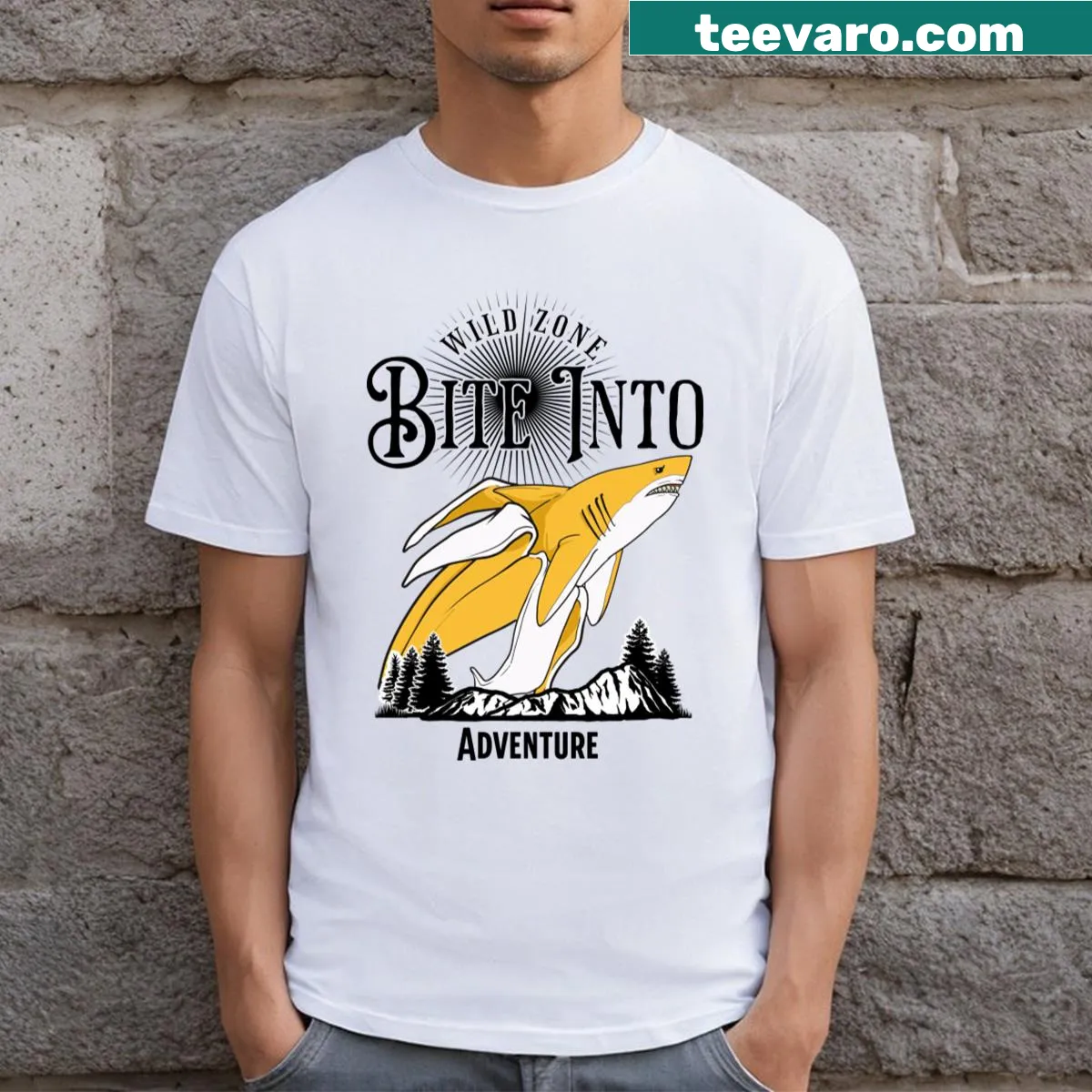 Illustration of a shark on a fun adventure-themed t-shirt — on a men's t-shirt