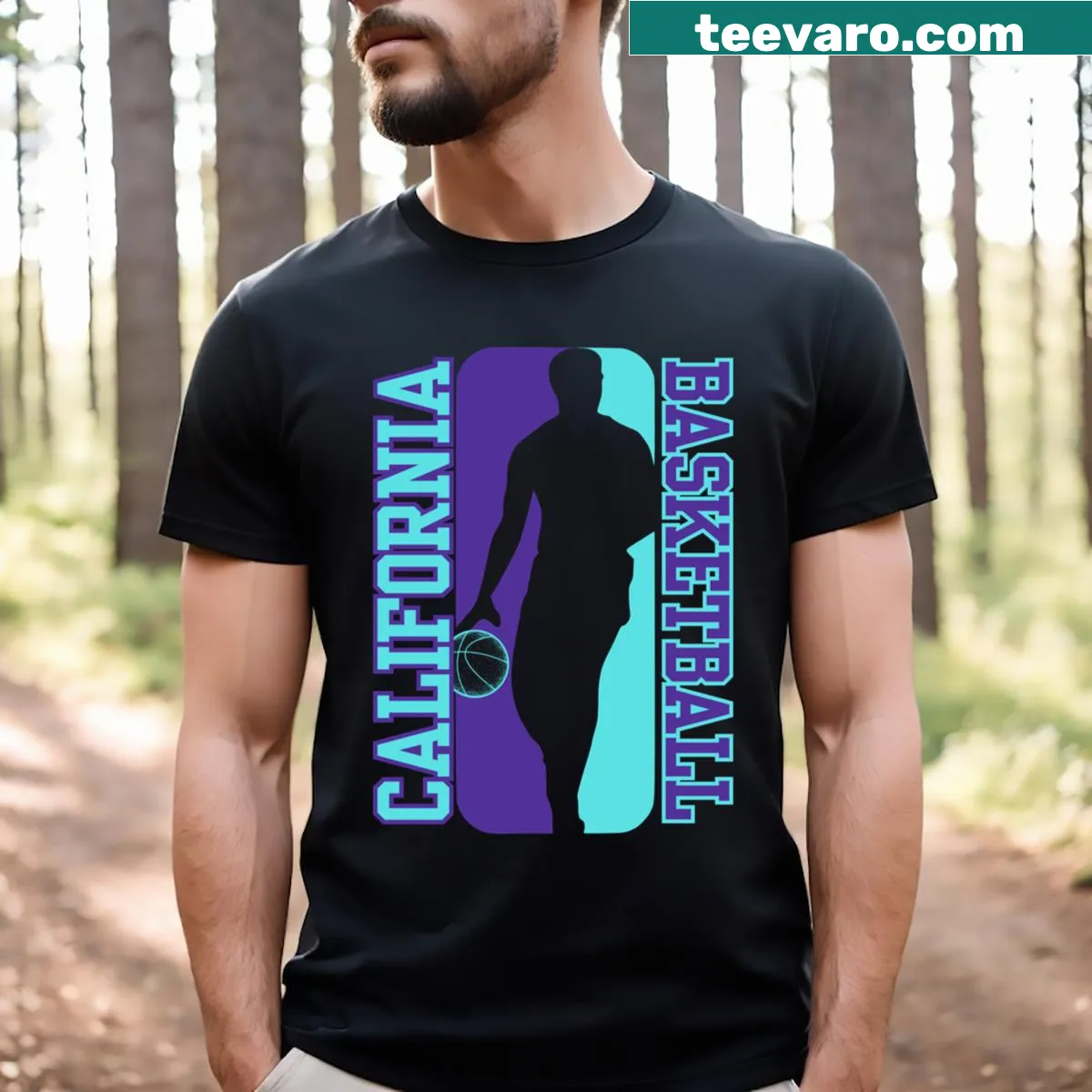 California-themed basketball shirt in blue and purple — on a men's t-shirt