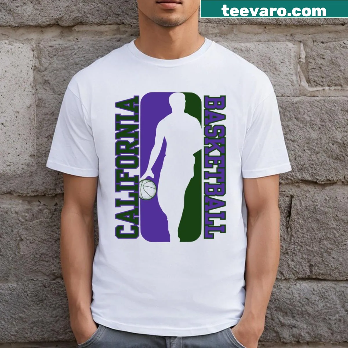 California basketball-themed t-shirt featuring playful graphics — on a men's t-shirt