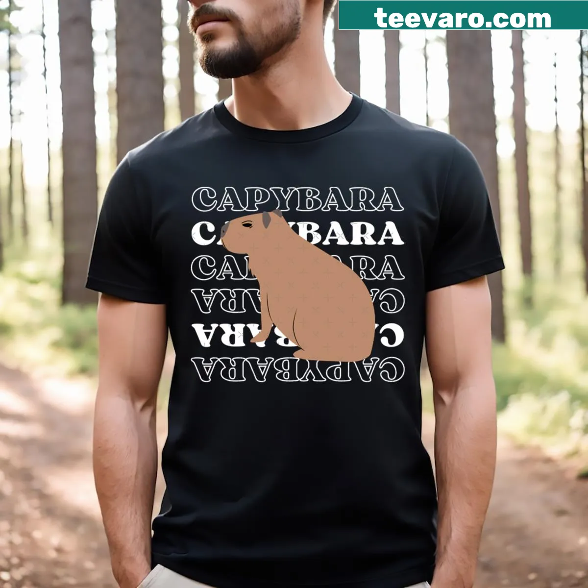 T-shirt with repeated text design featuring capybaras — on a men's t-shirt