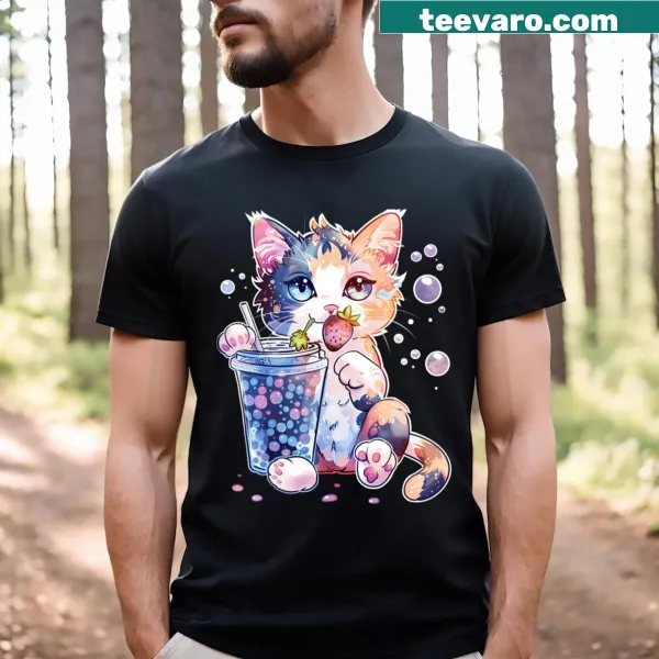 Illustration of a cat with strawberries and recipe elements on a t-shirt