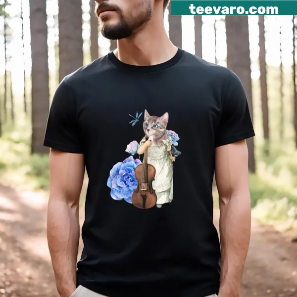 Fun t-shirt featuring a cat playing a violin in a humorous design