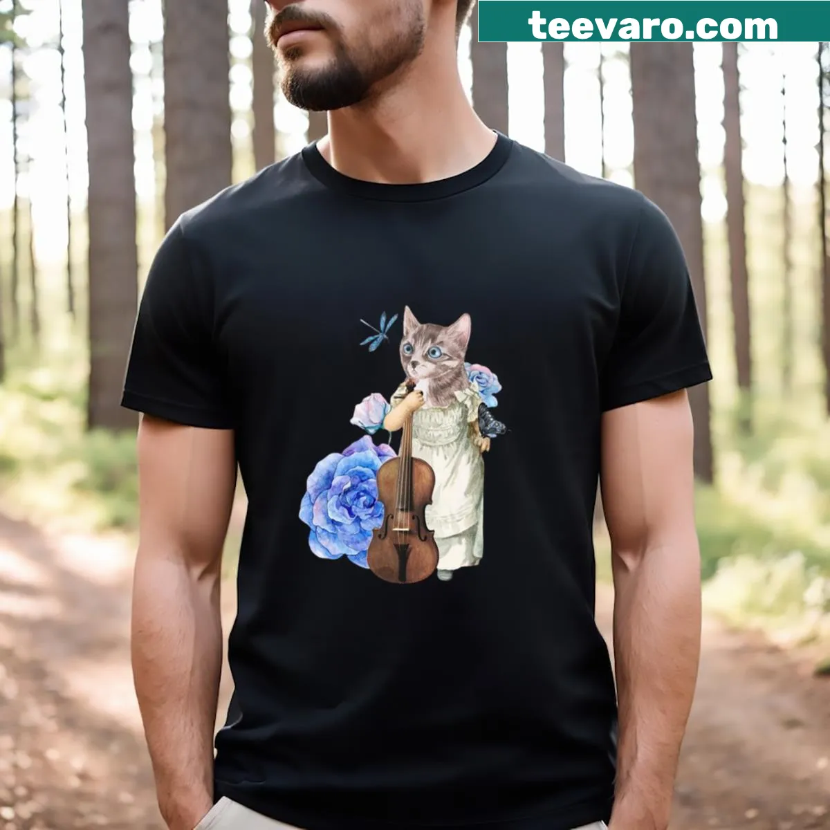 Fun t-shirt featuring a cat playing a violin in a humorous design — on a men's t-shirt