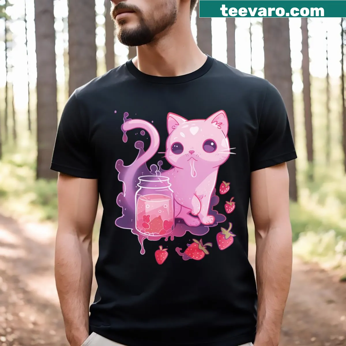 T-shirt with playful graphic of catnip and strawberry treats — on a men's t-shirt