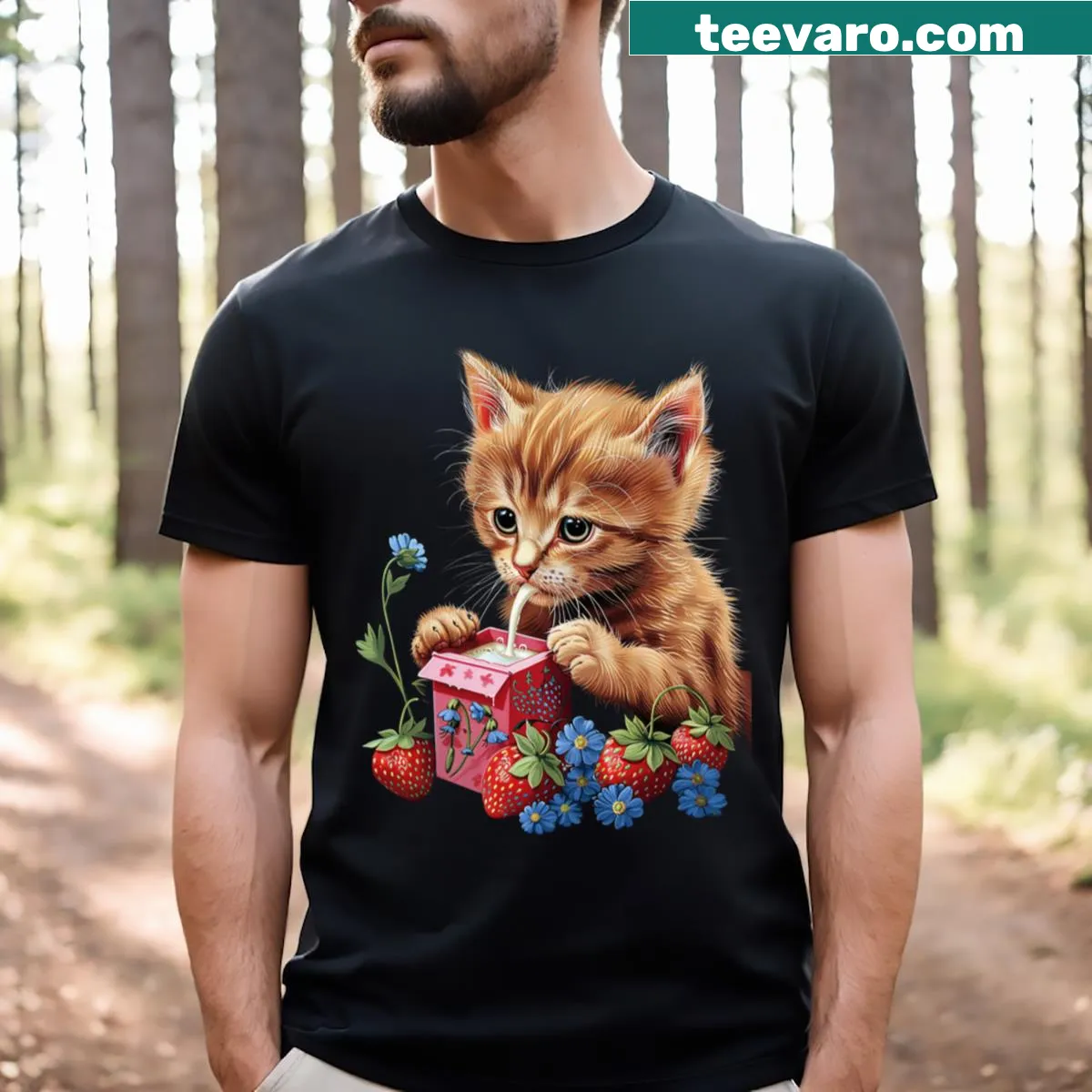 T-shirt featuring illustrated cats in a strawberry farm setting — on a men's t-shirt