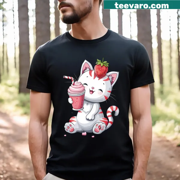 Illustration of a cat with strawberries, depicting a loving bond on a t-shirt