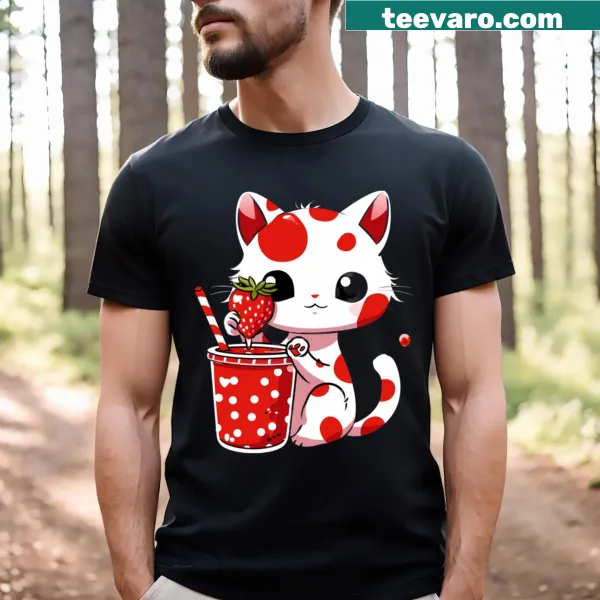 Illustration of a cat enjoying a strawberry treat on a t-shirt