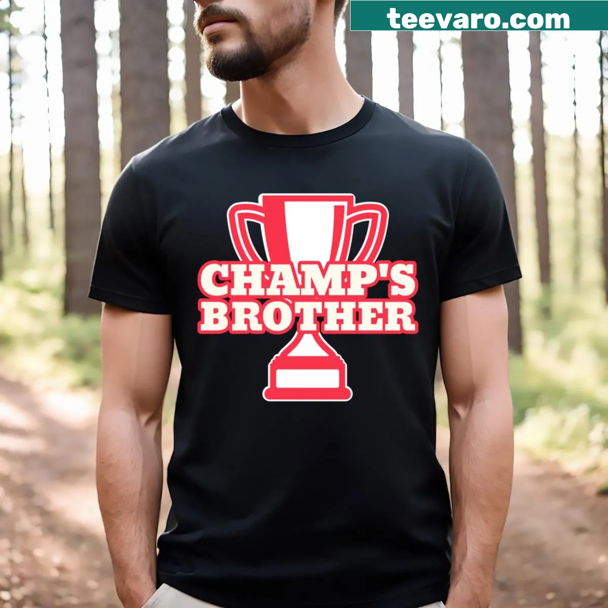 Typography t-shirt saying 'Champ's Brother' — on a men's t-shirt