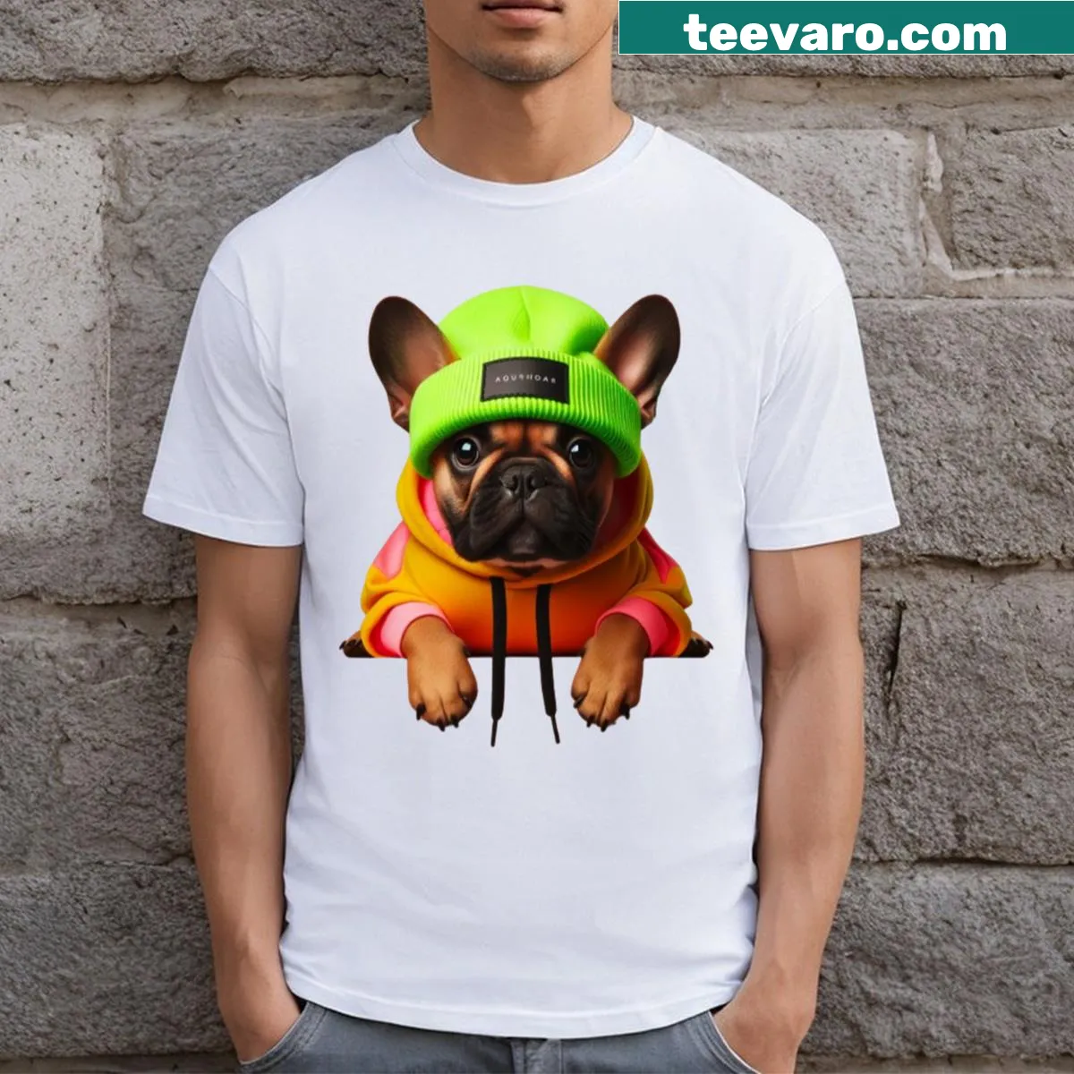 Humorous t-shirt with repetitive text about imitation — on a men's t-shirt