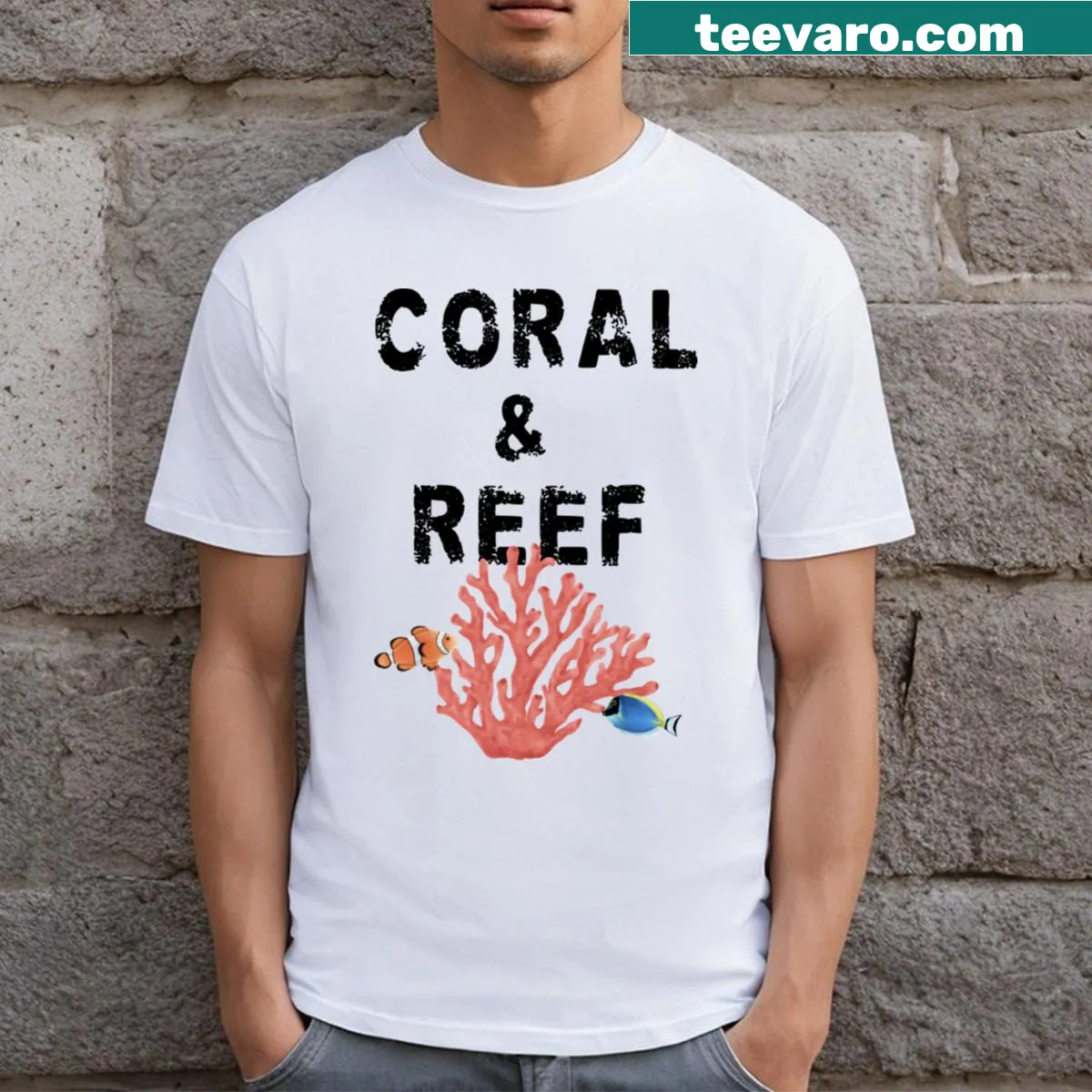 Summer vibe t-shirt featuring coral reef illustration — on a men's t-shirt
