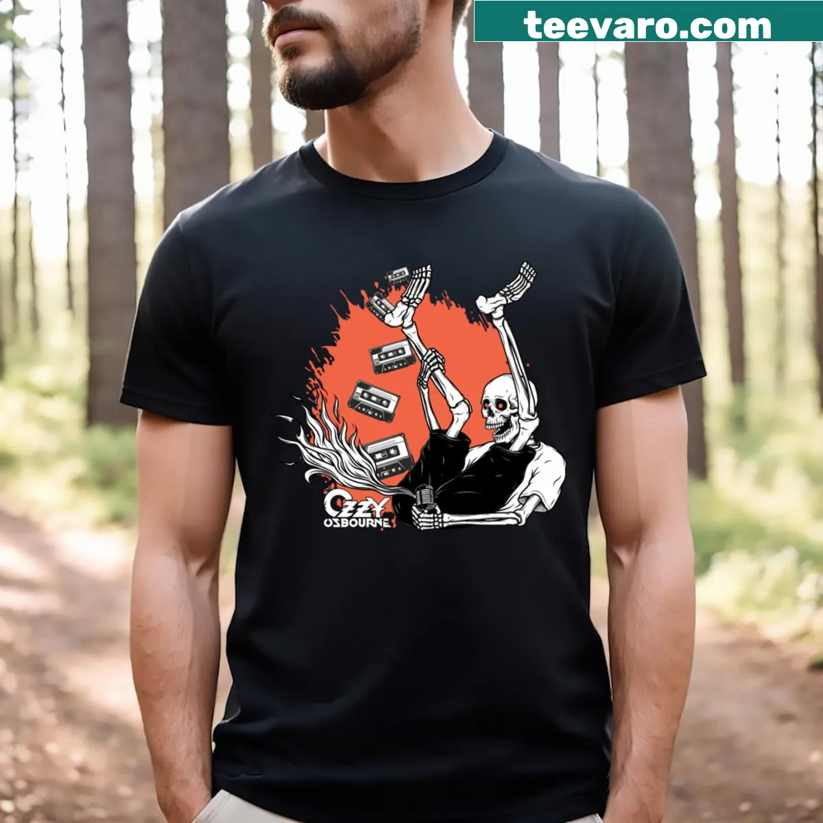 T-shirt featuring a fun skeleton graphic in playful action — on a men's t-shirt