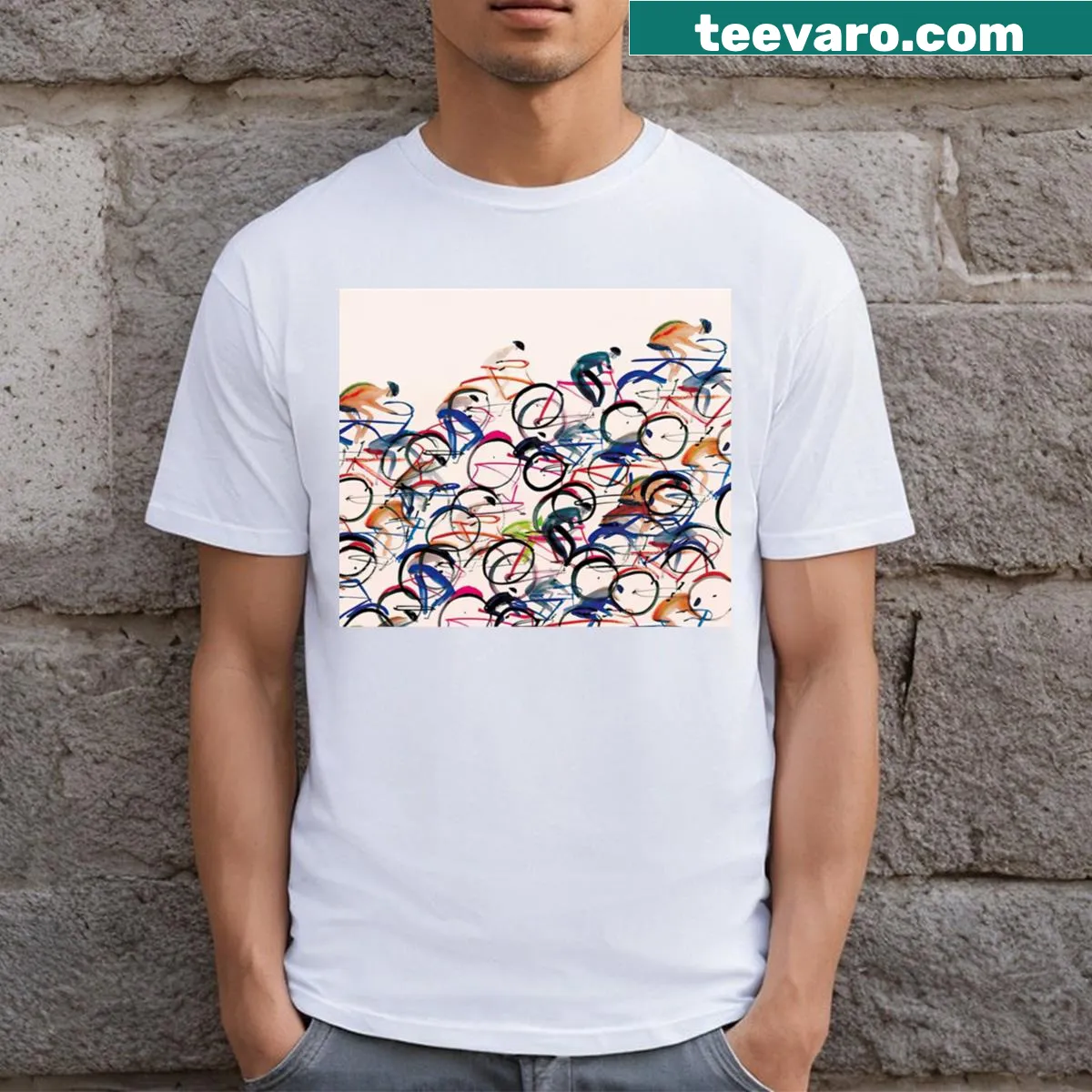 Artistic cycling race graphic t-shirt with dynamic elements. — on a men's t-shirt