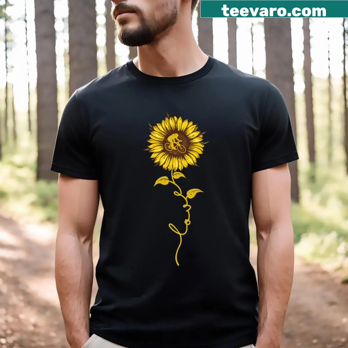 T-shirt with sunflower design celebrating cycling and love for nature. — on a men's t-shirt
