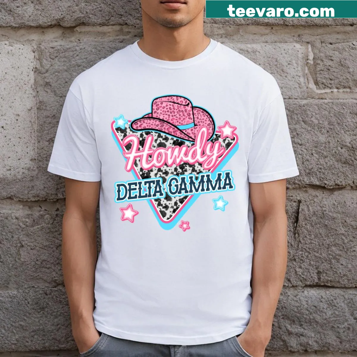 Illustrative T-shirt with western hat and Delta Gamma emblem — on a men's t-shirt