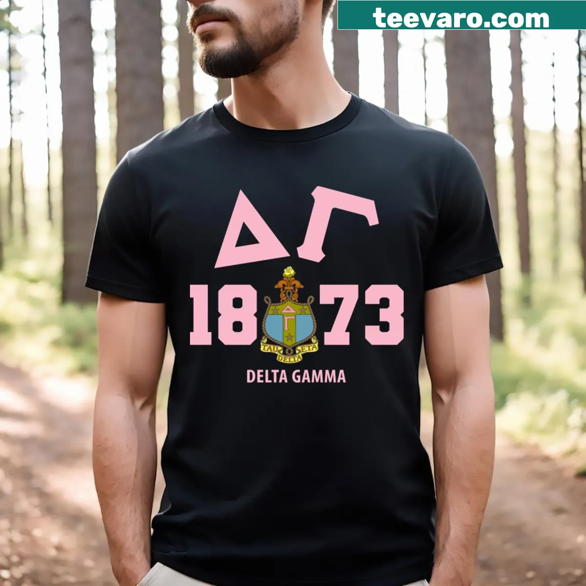 Minimalist T-shirt with Delta Gamma emblem and founding year — on a men's t-shirt