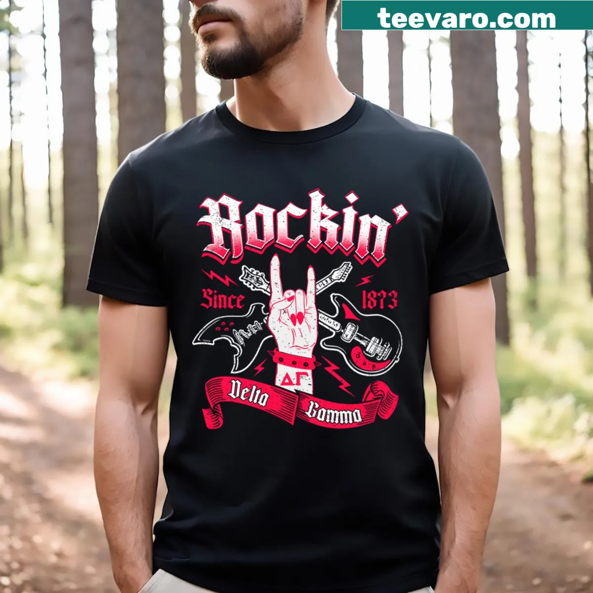 Delta Gamma Sorority t-shirt featuring a rock hand sign and Dee Gee Sisterhood text — on a men's t-shirt