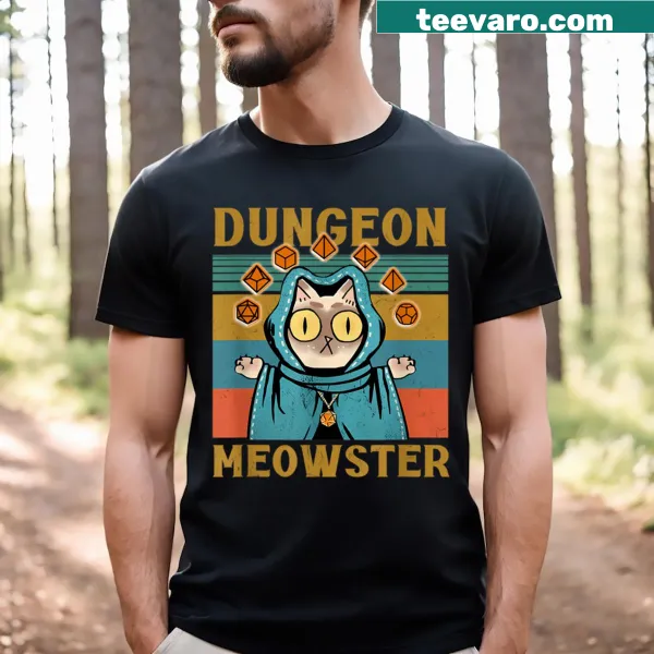 Funny cat-themed RPG T-shirt with a cat Dungeon Master and d20 dice