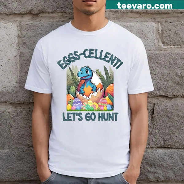 Whimsical dinosaur egg hunt graphic on a t-shirt
