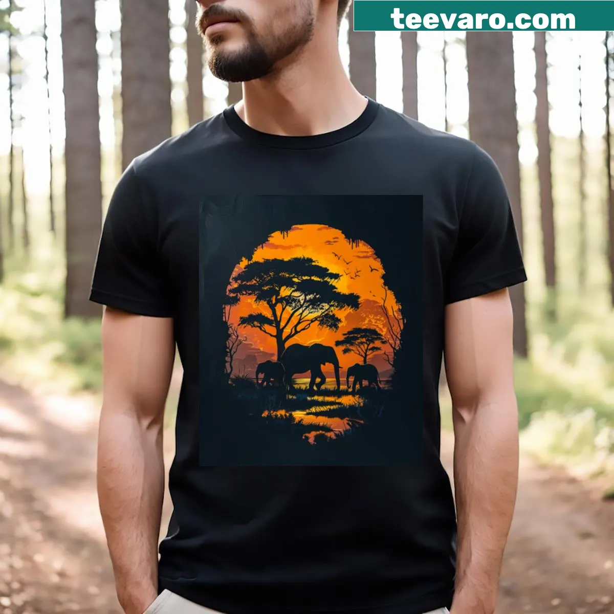 Illustrative T-shirt showcasing elephant migration — on a men's t-shirt