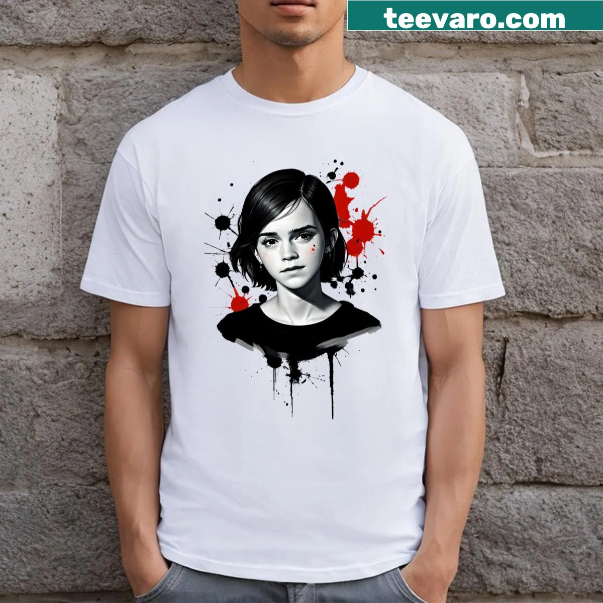 T-shirt with an artistic splatter design inspired by Emma Watson — on a men's t-shirt