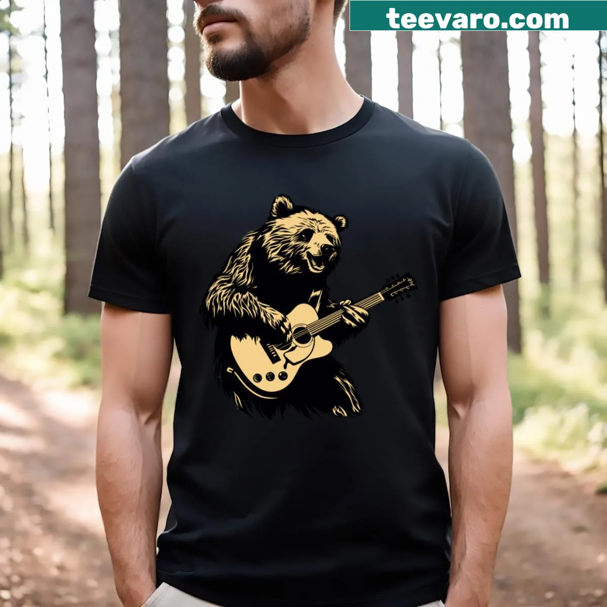 Illustration of a black bear in a mystical forest setting — on a men's t-shirt
