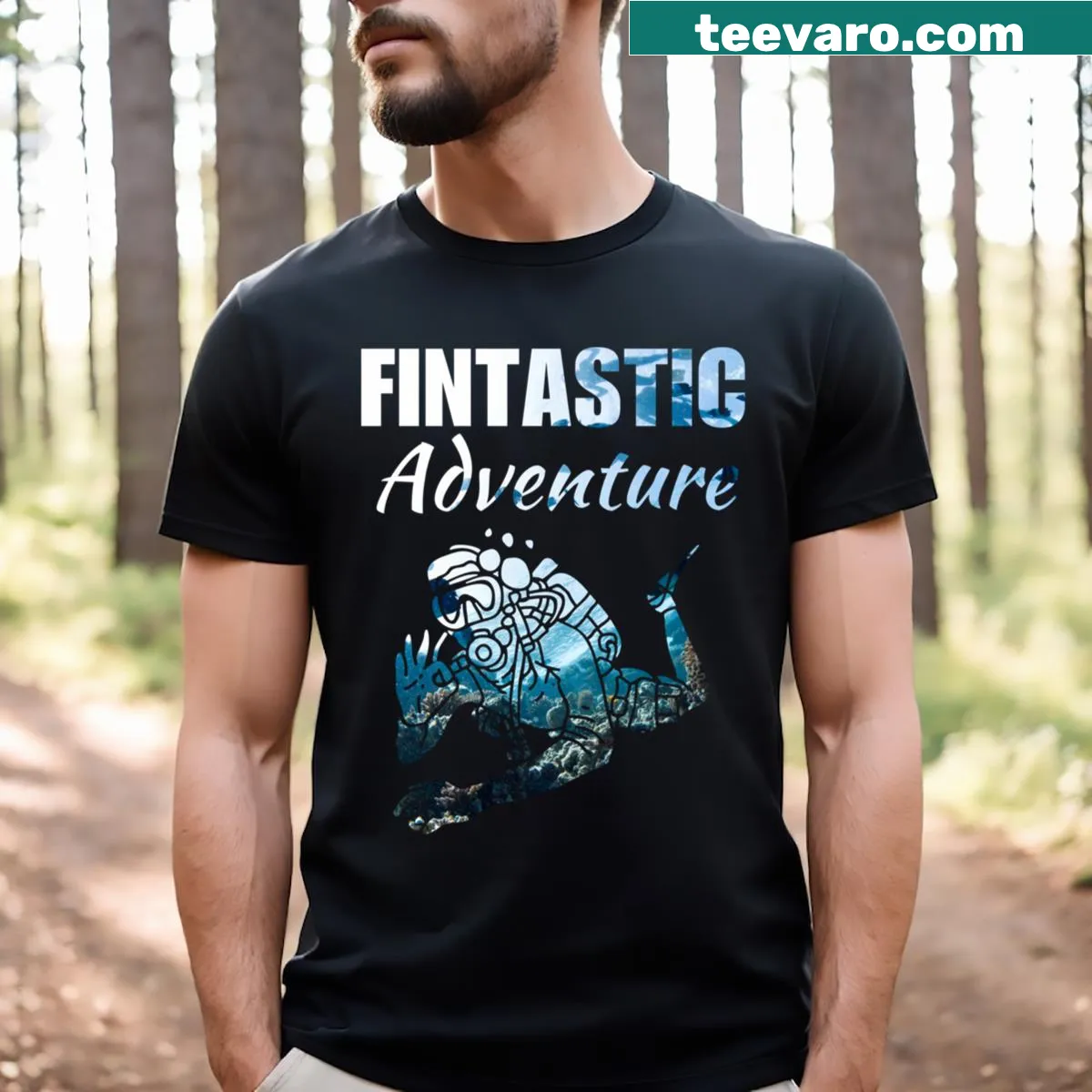 Humorous scuba diving quote t-shirt with fins and adventure theme — on a men's t-shirt
