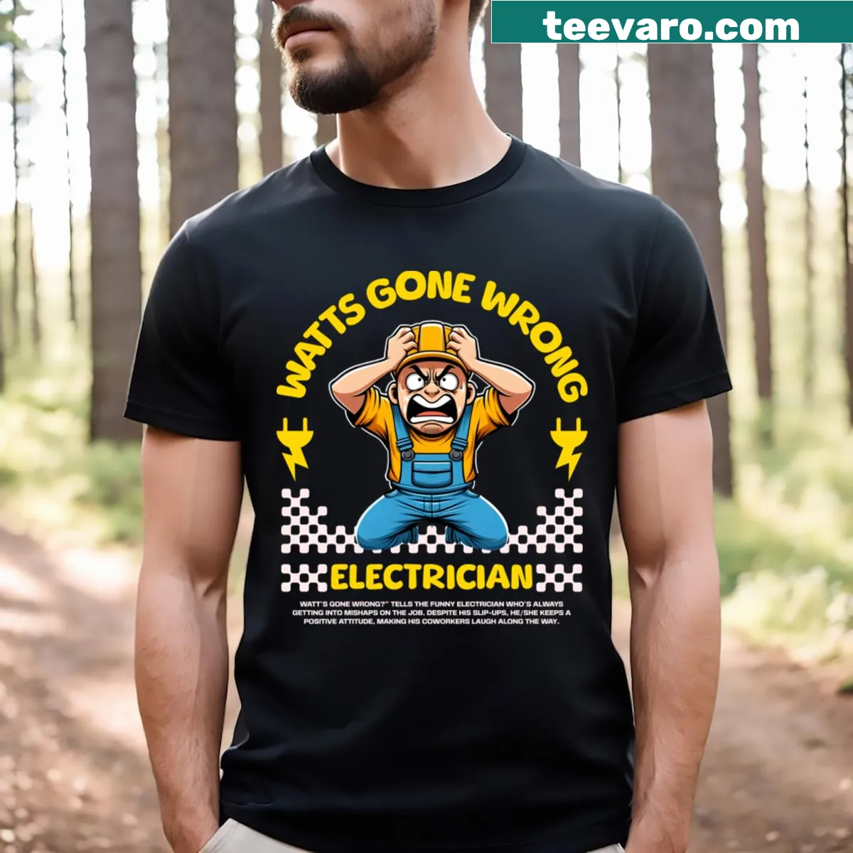 Humorous electrician-themed t-shirt with clever wording — on a men's t-shirt