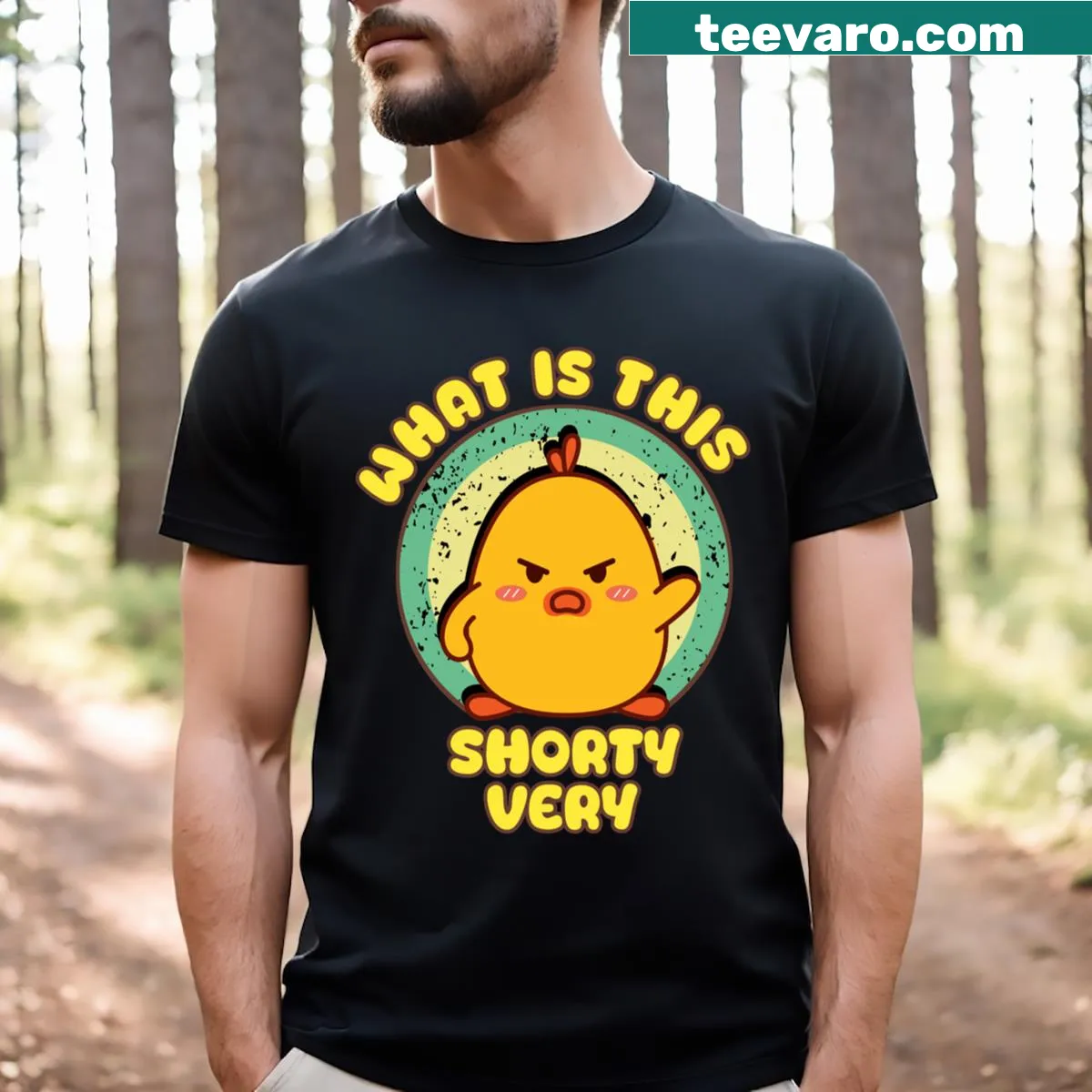 Cute Funny Little Chick Shorty t-shirt designed for kids — on a men's t-shirt
