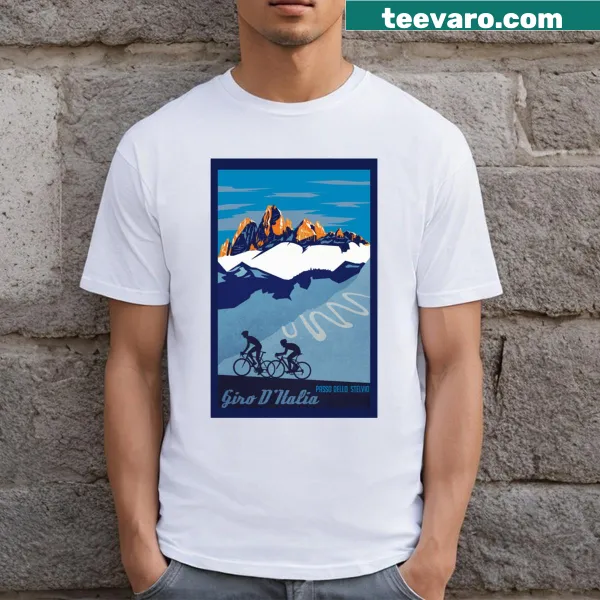 Retro cycling poster t-shirt featuring Passo Dello Stelvio