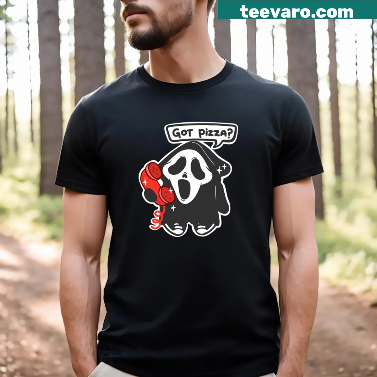 Fun T-shirt celebrating pizza with playful graphic — on a men's t-shirt