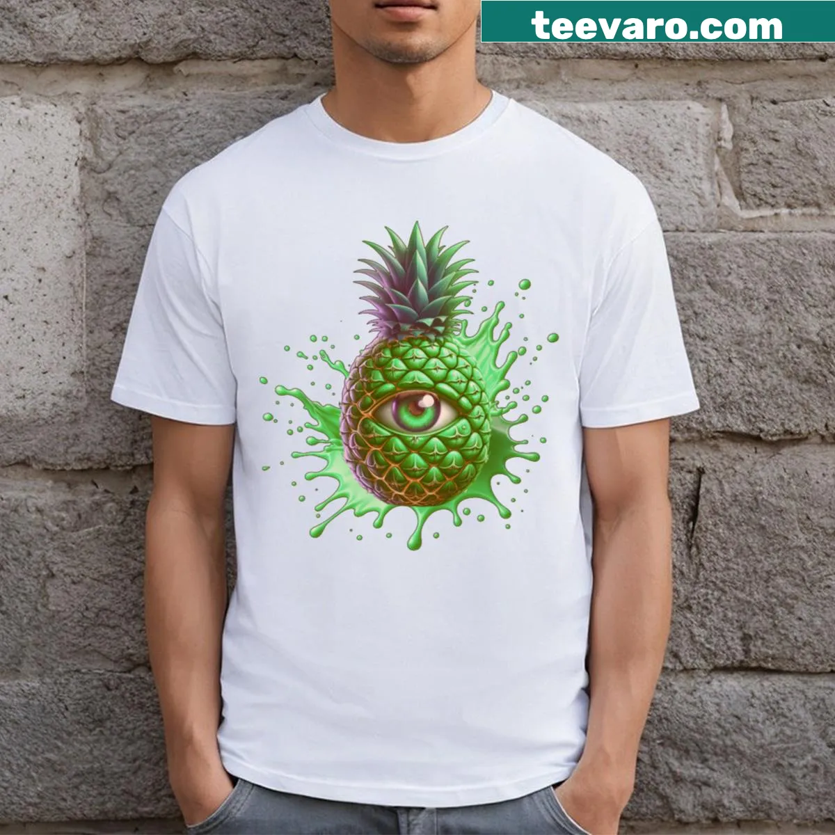 Cartoon T-shirt featuring green pineapples — on a men's t-shirt
