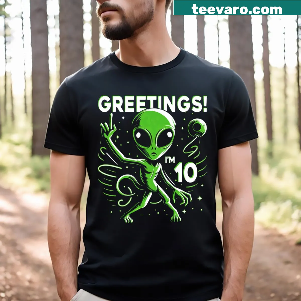 T-shirt for kids featuring a friendly alien theme for a 10th birthday — on a men's t-shirt