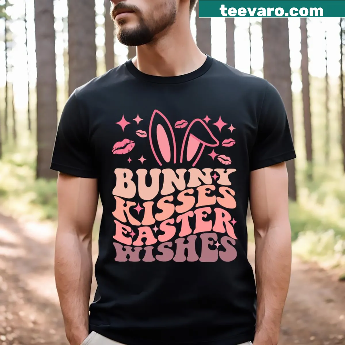 Easter-themed T-shirt with bunnies and cheerful phrases — on a men's t-shirt