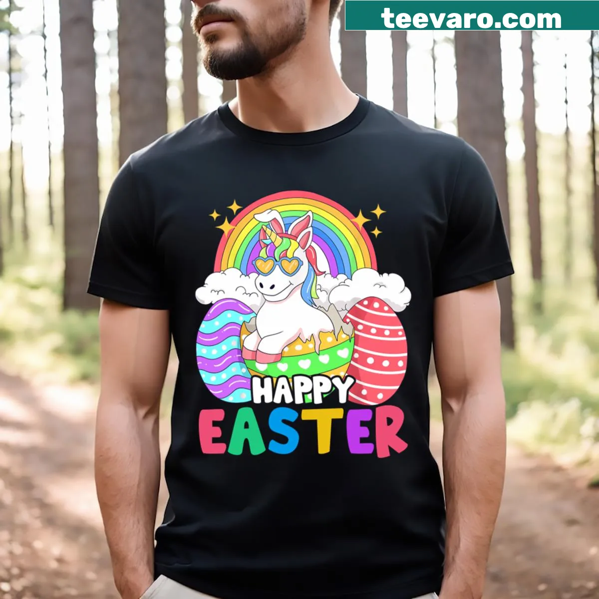 Whimsical unicorn bunny graphic for Easter — on a men's t-shirt
