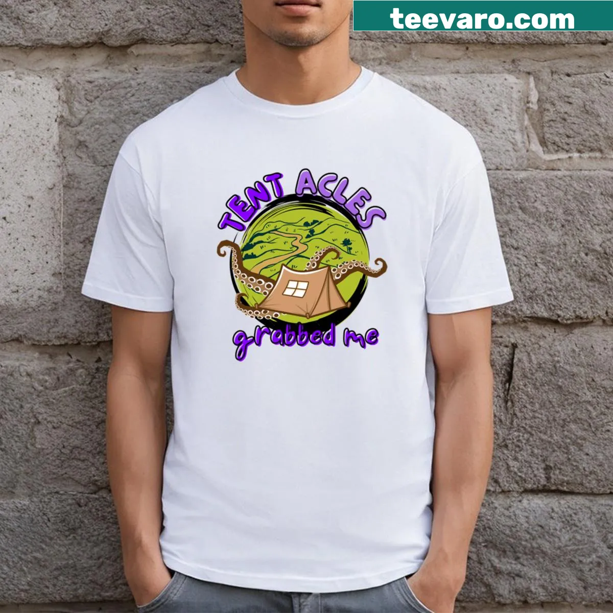 Funny hiking meme graphic T-shirt for outdoor enthusiasts — on a men's t-shirt