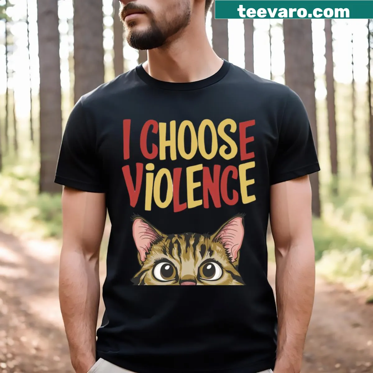 Funny t-shirt with the phrase 'I Choose Violence' and cat graphics. — on a men's t-shirt