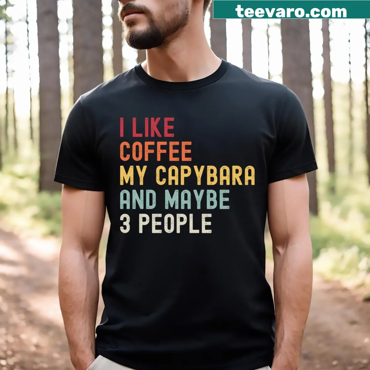 Whimsical text design of a capybara and coffee on a t-shirt. — on a men's t-shirt